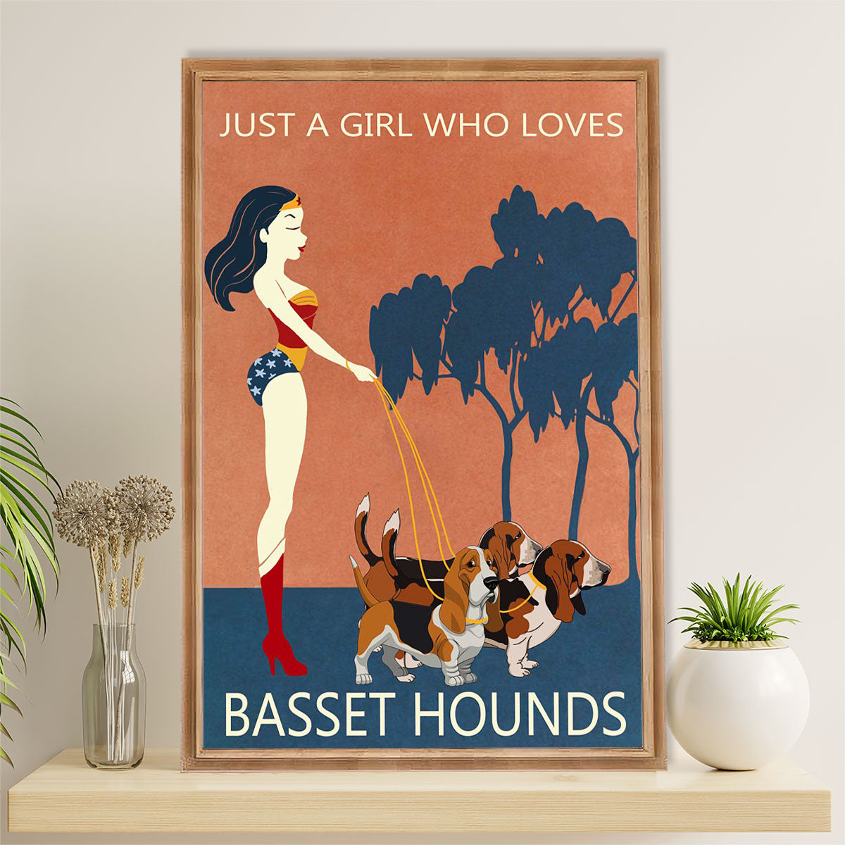 Basset Hound Dog Canvas Wall Art | Wonder Woman Loves Basset Hound | Gift for Miniature Puppies Lover