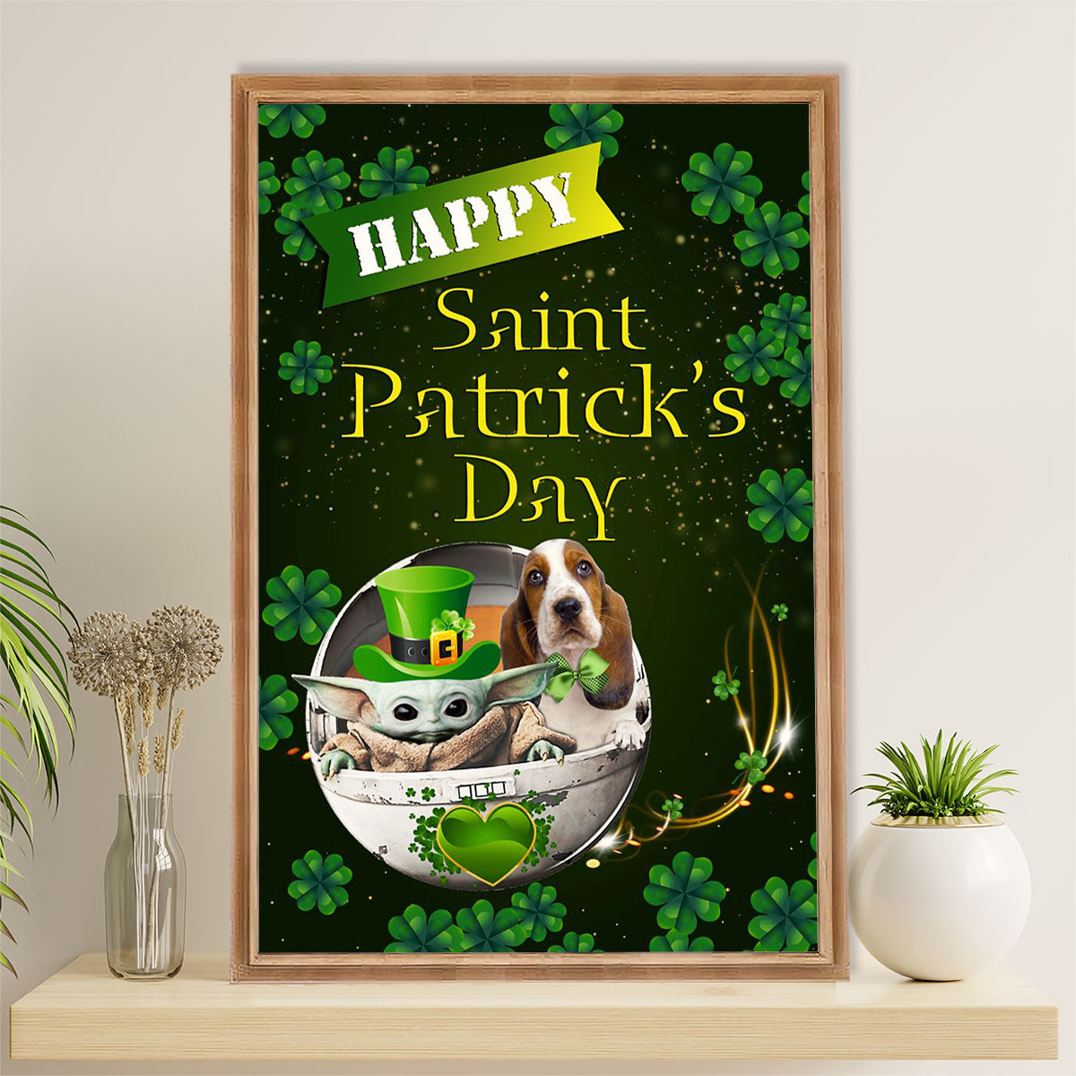 Basset Hound Dog Canvas Wall Art | St.Patrick's Day | Gift for Miniature Puppies Lover