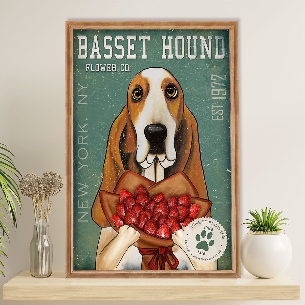 Basset Hound Dog Poster | Dog Flower Co | Wall Art Gift for Miniature Basset Hound Puppies Lover
