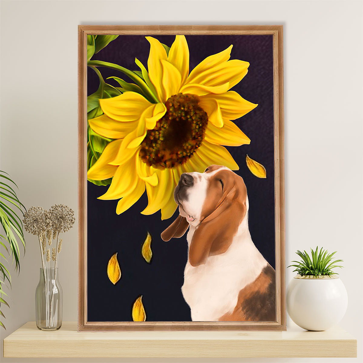 Basset Hound Dog Poster | Sunflower Dog | Wall Art Gift for Miniature Basset Hound Puppies Lover