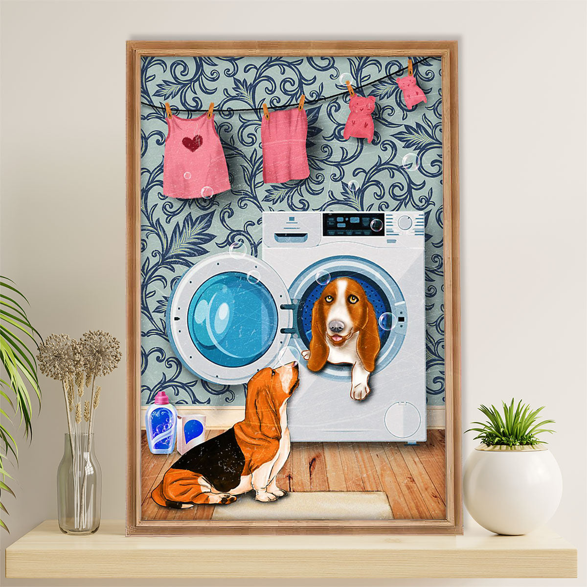 Basset Hound Dog Canvas Wall Art | Funny Dog in Washing Machine | Gift for Miniature Puppies Lover