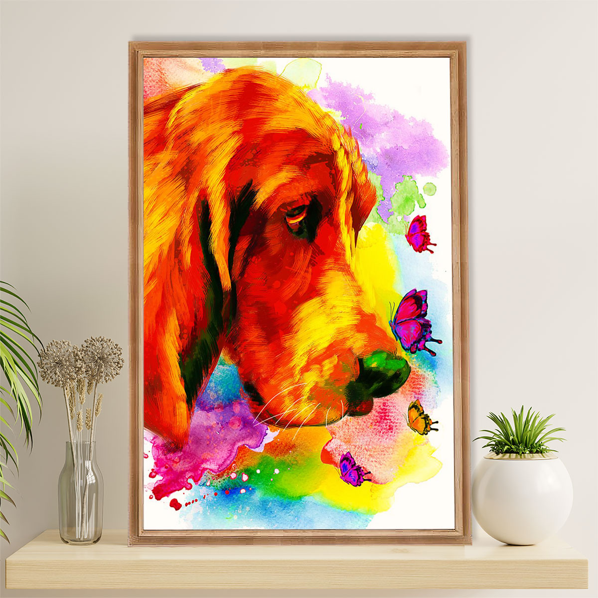 Basset Hound Dog Canvas Wall Art | Watercolor Dog Butterfly Paitning | Gift for Miniature Puppies Lover