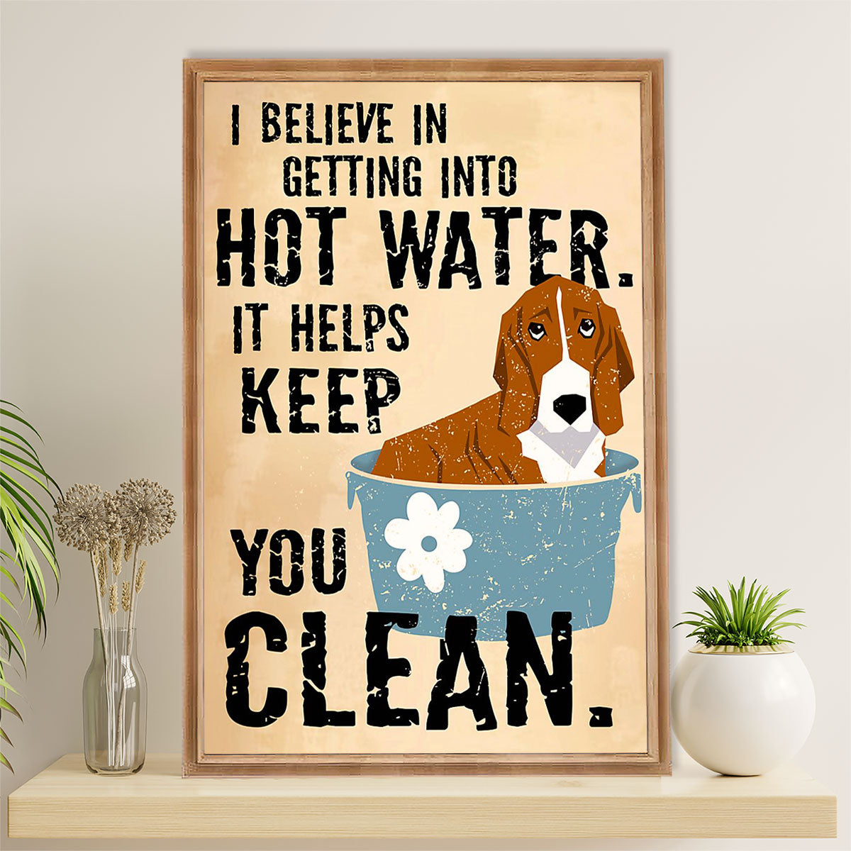 Basset Hound Dog Poster | Getting Into Hot Water | Wall Art Gift for Miniature Basset Hound Puppies Lover