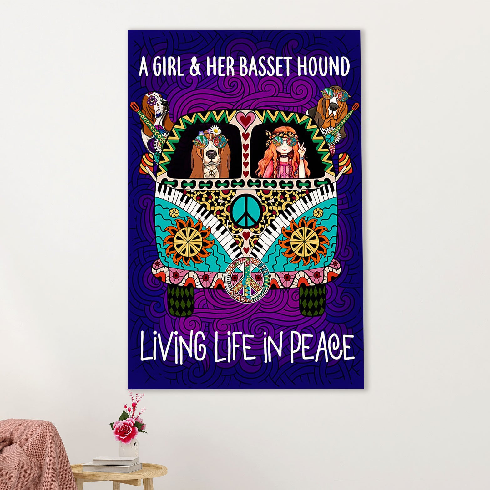 Basset Hound Dog Poster | Hippie Girl & Dogs | Wall Art Gift for Miniature Basset Hound Puppies Lover