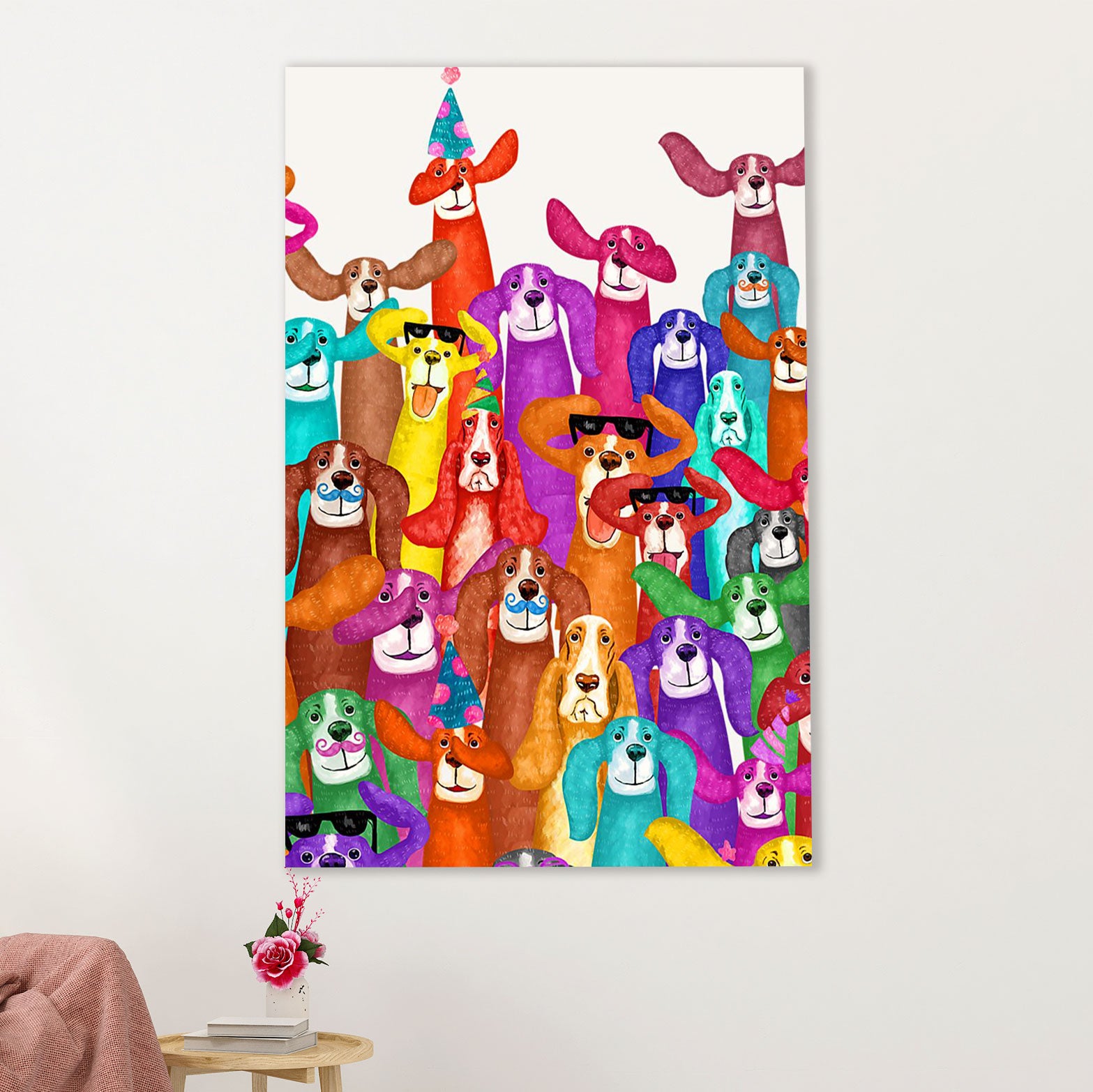 Basset Hound Dog Canvas Wall Art | Multi Dogs | Gift for Miniature Puppies Lover