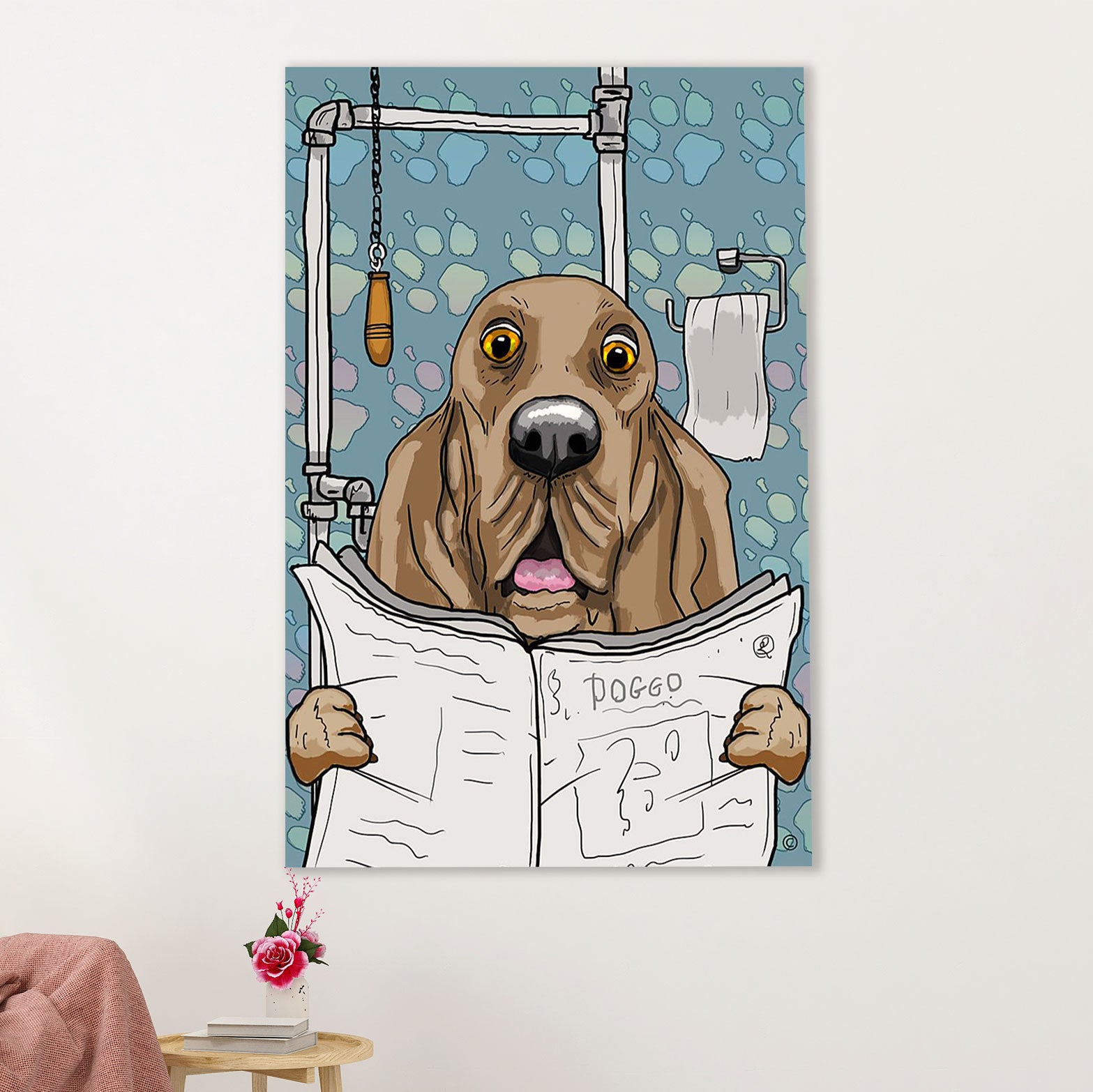 Basset Hound Dog Canvas Wall Art | Funny Dog In Toilet | Gift for Miniature Puppies Lover