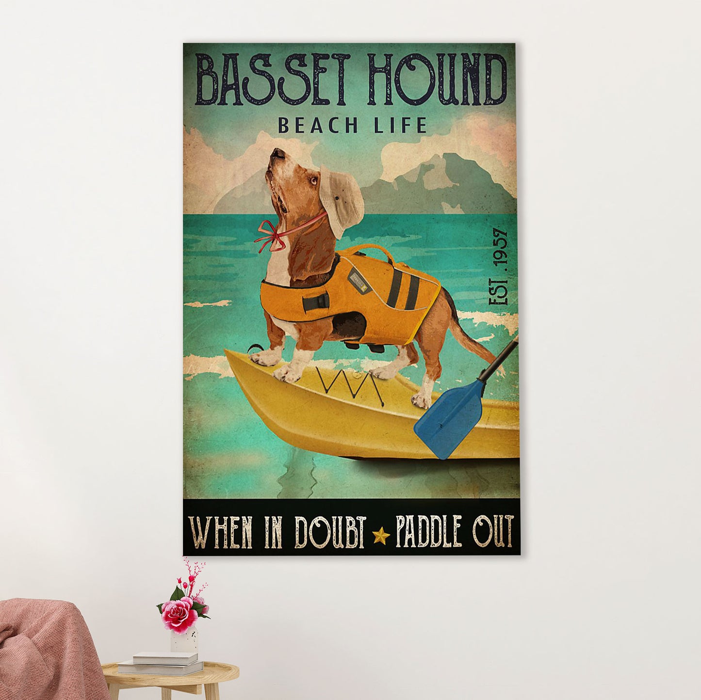 Basset Hound Dog Poster | Dog Beach Life | Wall Art Gift for Miniature Basset Hound Puppies Lover