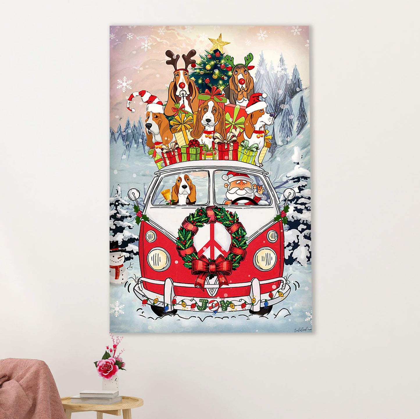 Basset Hound Dog Poster | Christmas Tree Santa Claus Dog | Wall Art Gift for Miniature Basset Hound Puppies Lover