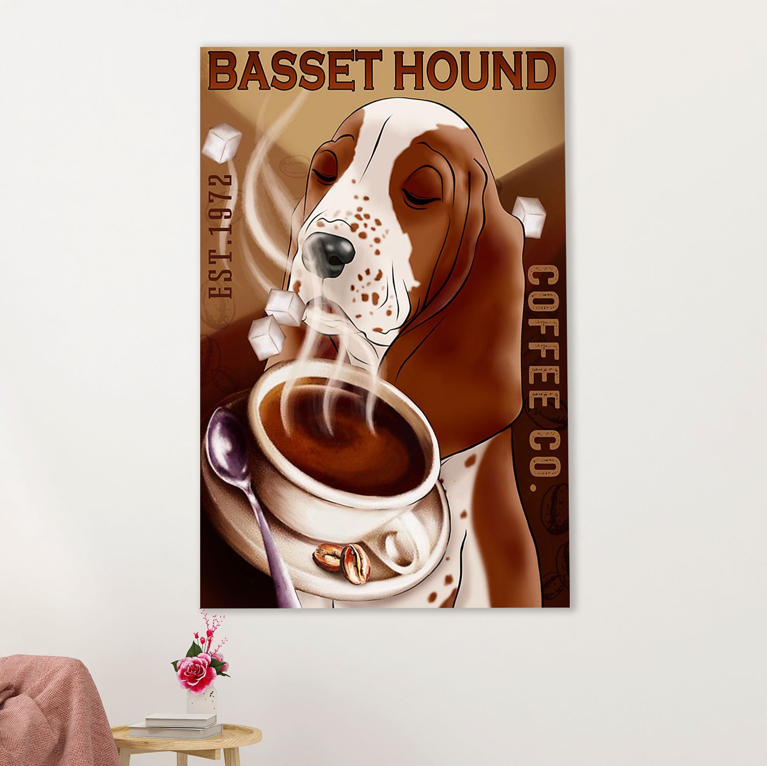 Basset Hound Dog Canvas Wall Art | Dog Coffee | Gift for Miniature Puppies Lover