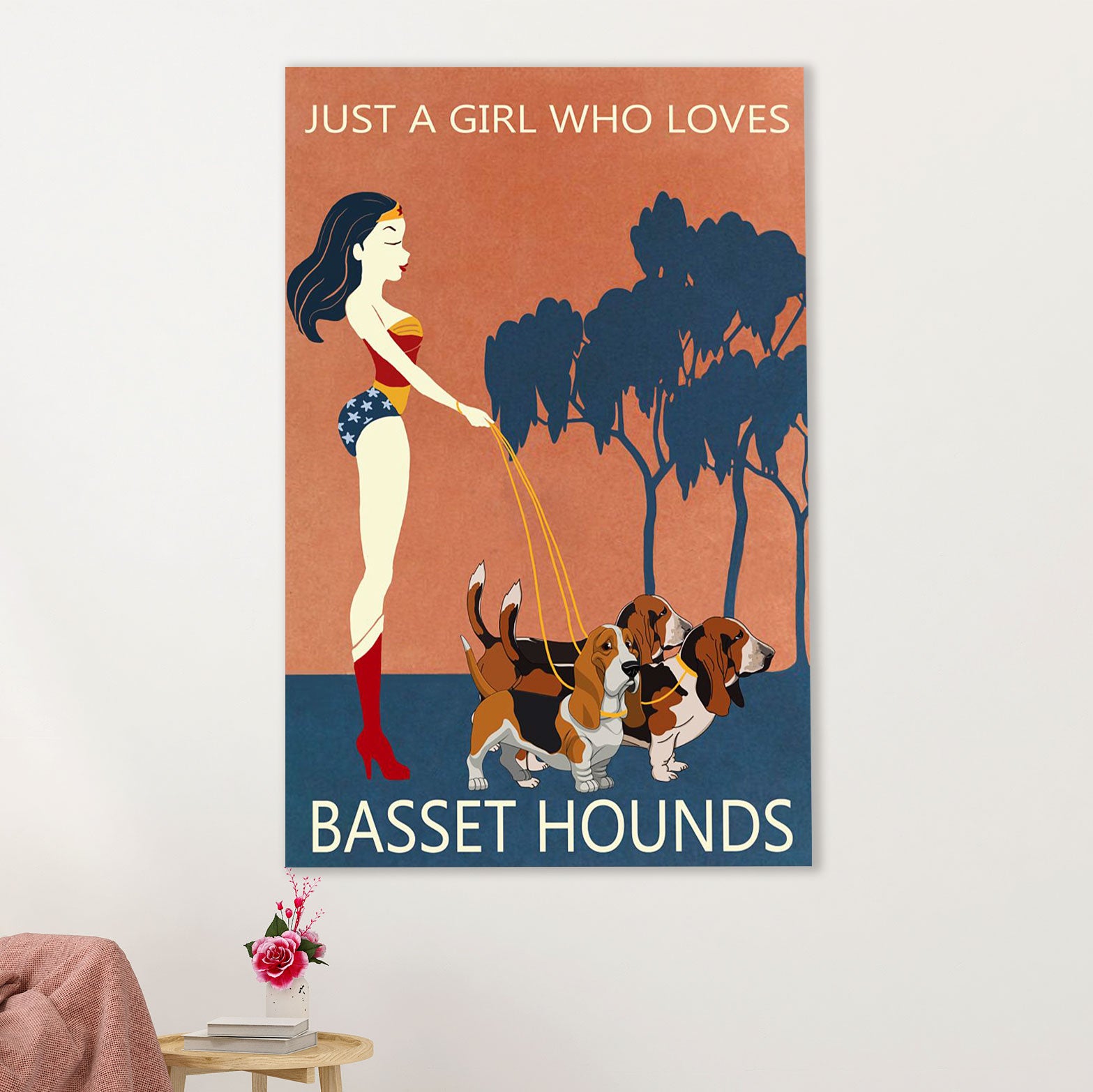 Basset Hound Dog Canvas Wall Art | Wonder Woman Loves Basset Hound | Gift for Miniature Puppies Lover
