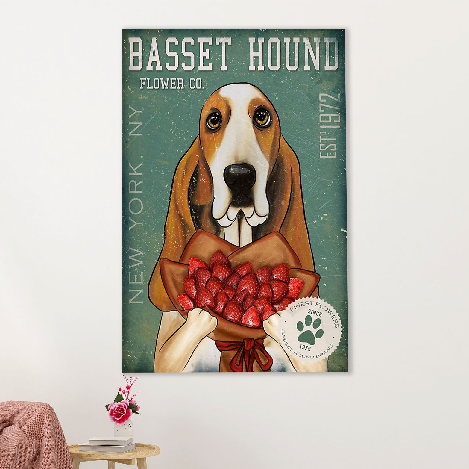 Basset Hound Dog Canvas Wall Art | Dog Flower Co | Gift for Miniature Puppies Lover