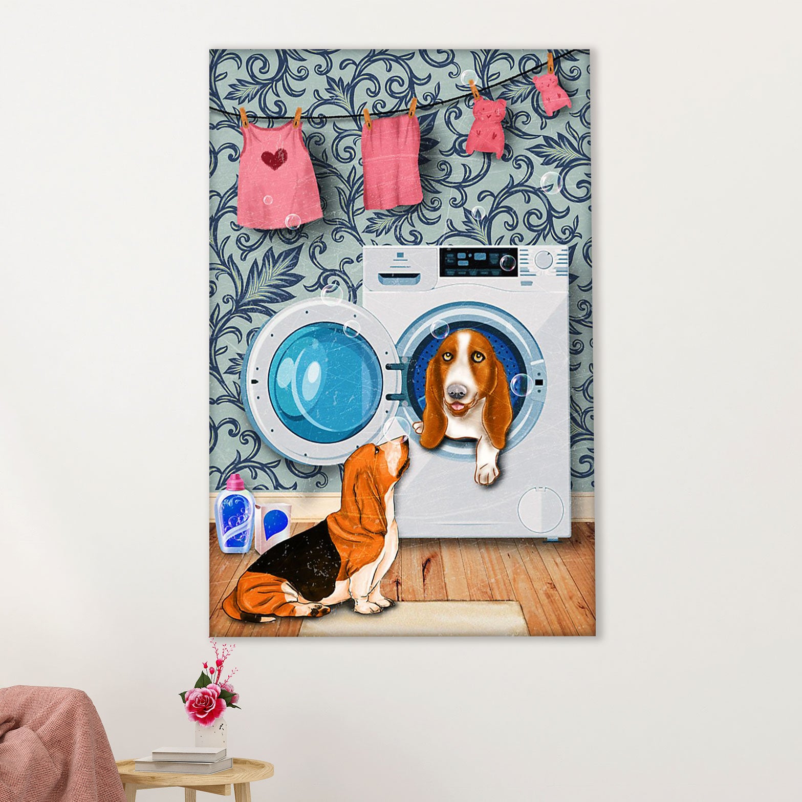 Basset Hound Dog Poster | Funny Dog in Washing Machine | Wall Art Gift for Miniature Basset Hound Puppies Lover