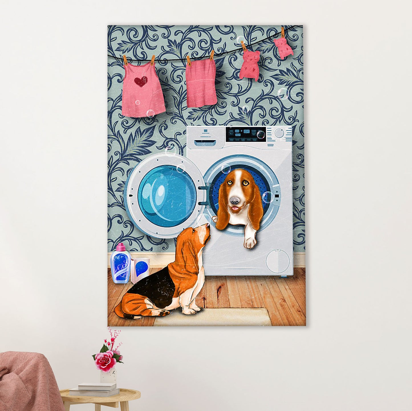 Basset Hound Dog Canvas Wall Art | Funny Dog in Washing Machine | Gift for Miniature Puppies Lover