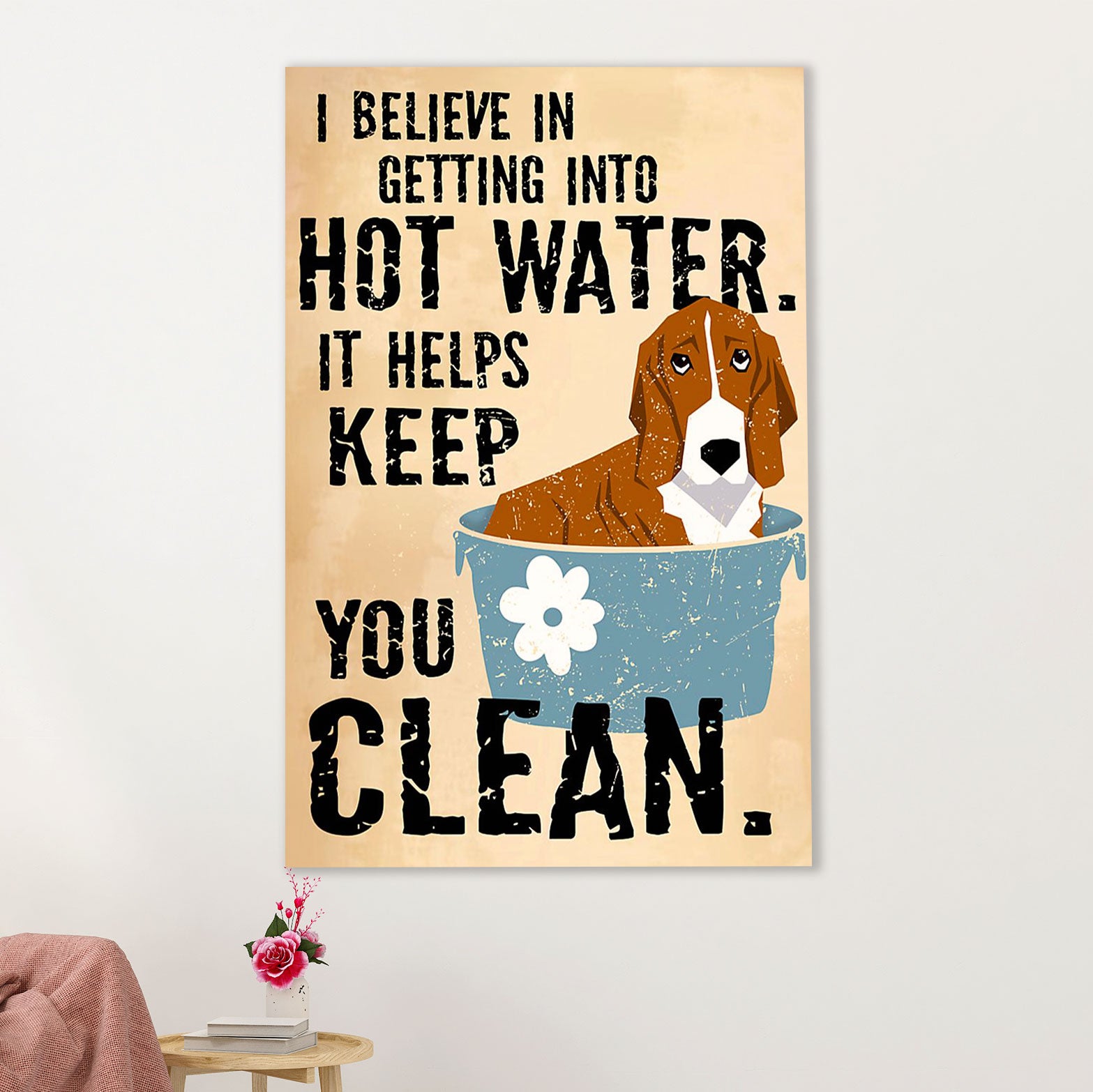 Basset Hound Dog Poster | Getting Into Hot Water | Wall Art Gift for Miniature Basset Hound Puppies Lover