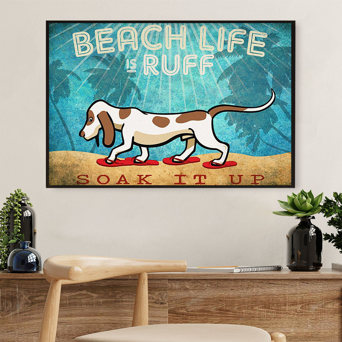 Basset Hound Canvas Wall Art | Beach Life Summer | Home Décor Gift for Miniature Puppies Lover