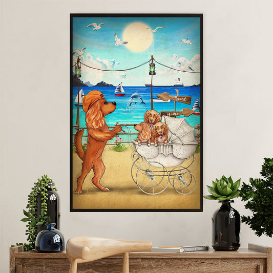 Cocker Spaniel Dog Poster | Dog Mom & Puppies in The Beach | Wall Art Gift for Cocker Spaniel Puppies Lover