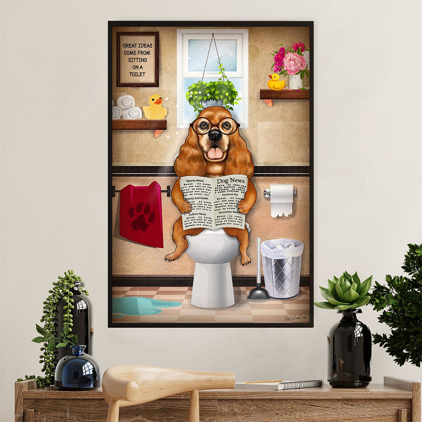 Cocker Spaniel Dog Poster | Funny Dog in Toilet | Wall Art Gift for Cocker Spaniel Puppies Lover