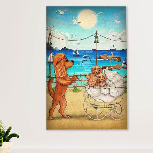 Cocker Spaniel Canvas Wall Art | Dog Mom & Puppies in The Beach | Gift for Cocker Spaniel Puppies Lover