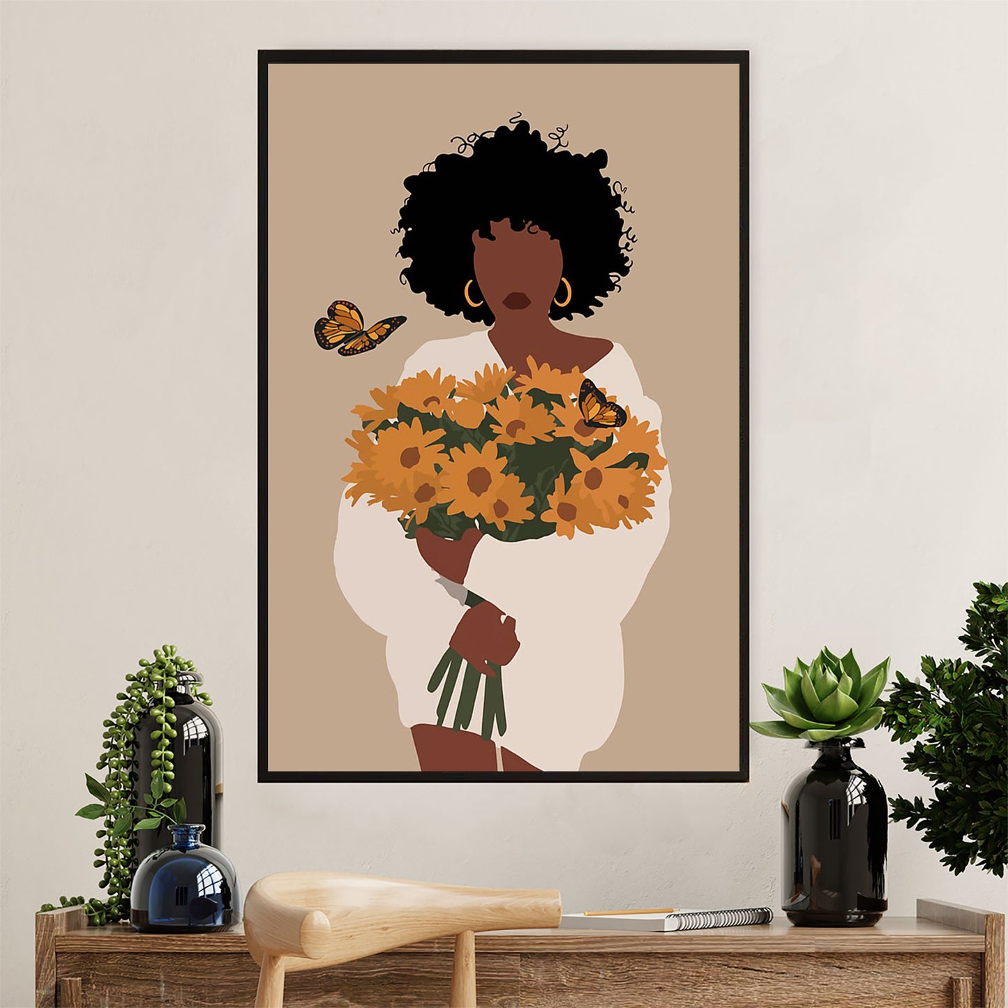 African American Afro Poster Prints | Girl & Sunflowers | Wall Art Gift for Black Girl