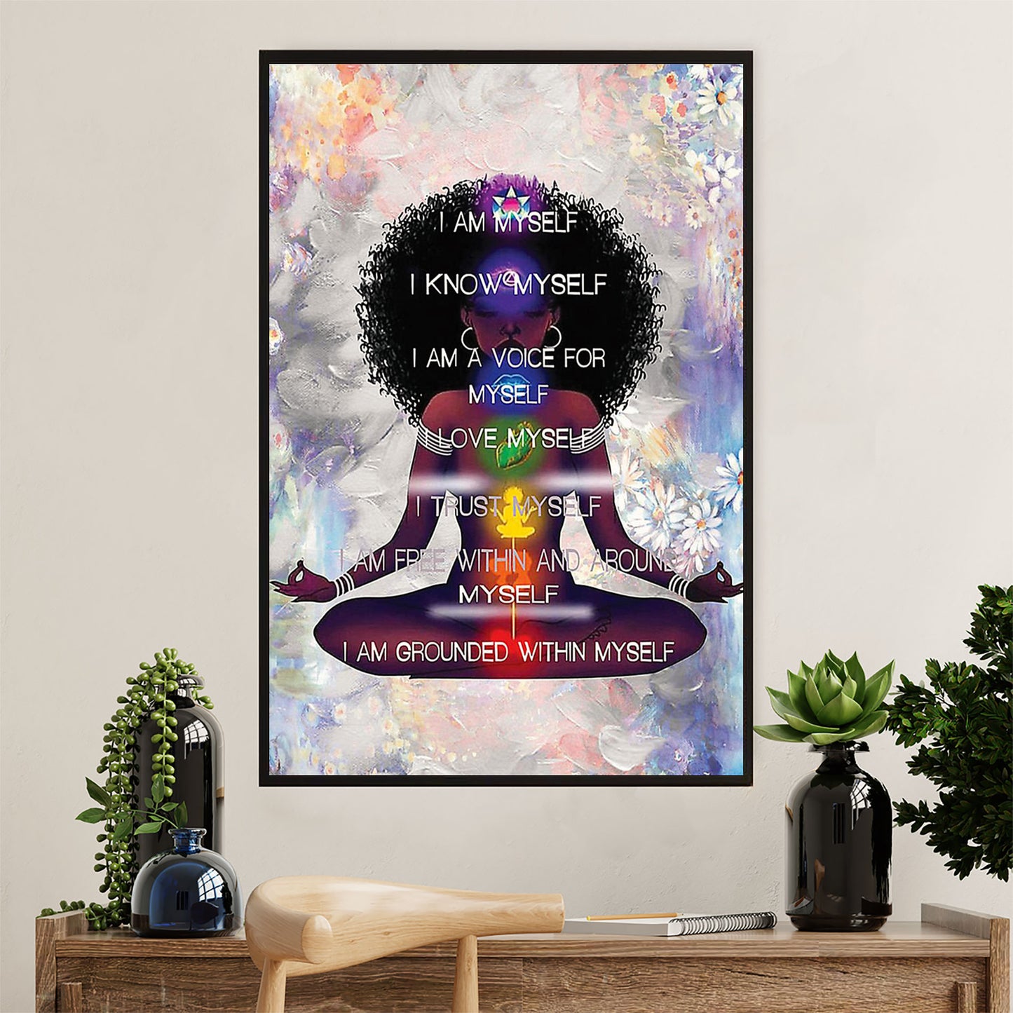 African American Afro Poster Prints | Yoga Girl I Am Myself | Wall Art Gift for Black Girl
