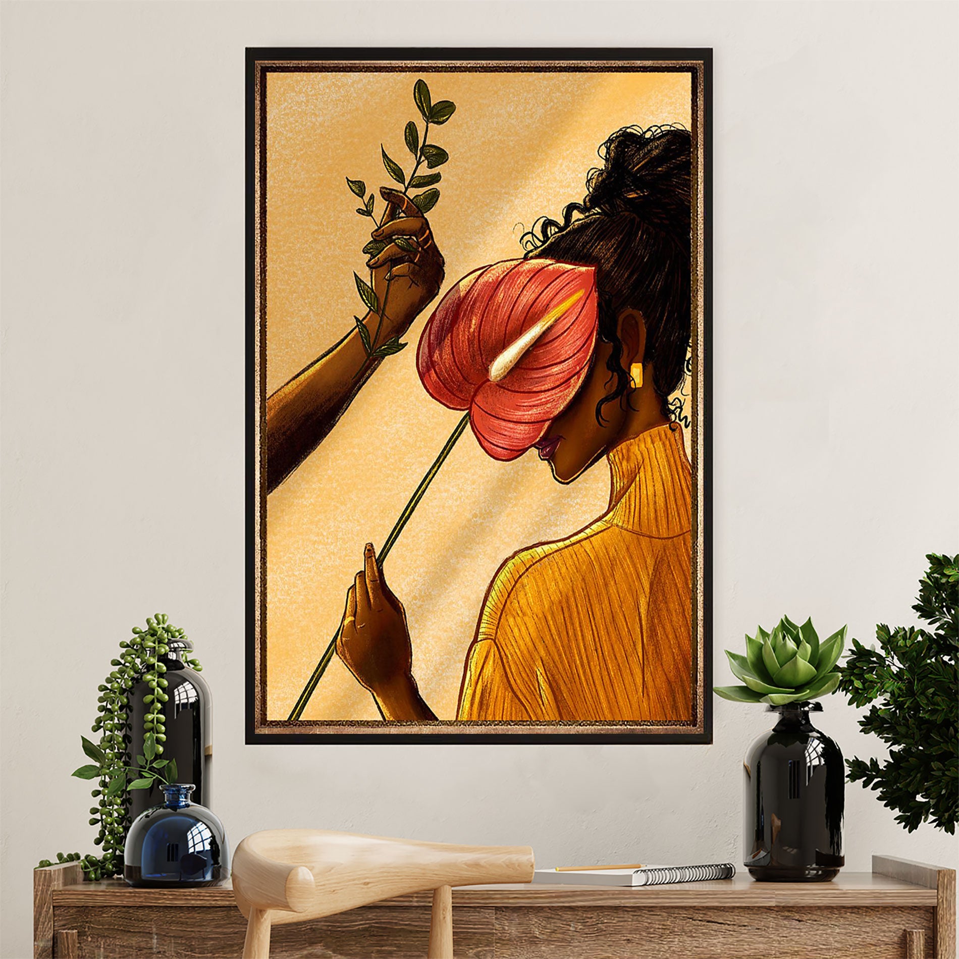 African American Afro Poster Prints | Girl & Flower | Wall Art Gift for Black Girl
