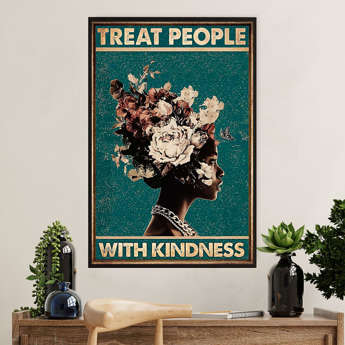 African American Afro Canvas Wall Art Prints | Treat People With Kindness | Gift for Black Girl