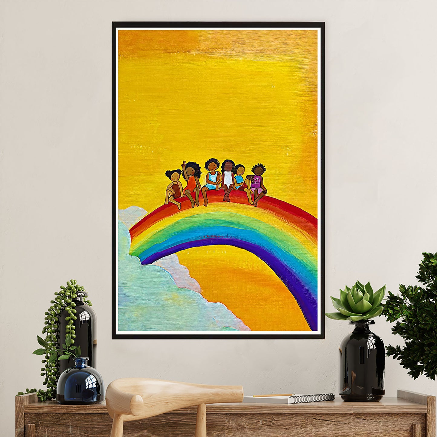 African American Afro Canvas Wall Art Prints | Black Kids & Rainbow | Gift for Black Girl