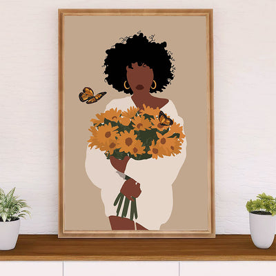 African American Afro Poster Prints | Girl & Sunflowers | Wall Art Gift for Black Girl