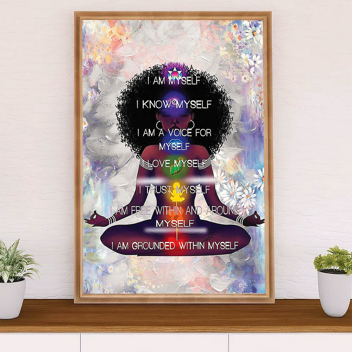 African American Afro Poster Prints | Yoga Girl I Am Myself | Wall Art Gift for Black Girl
