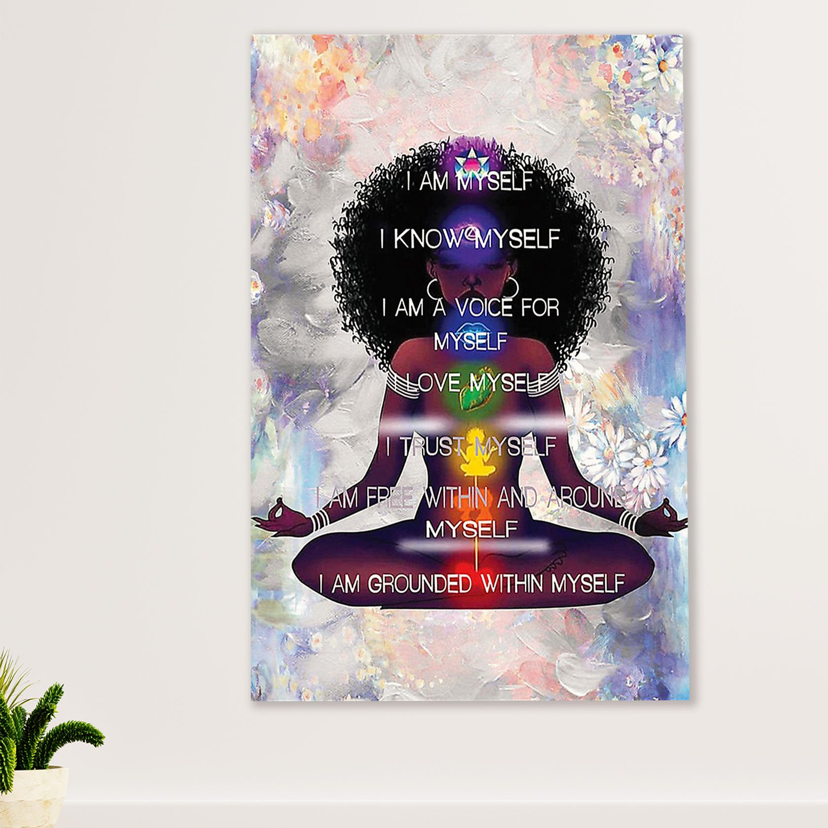 African American Afro Poster Prints | Yoga Girl I Am Myself | Wall Art Gift for Black Girl