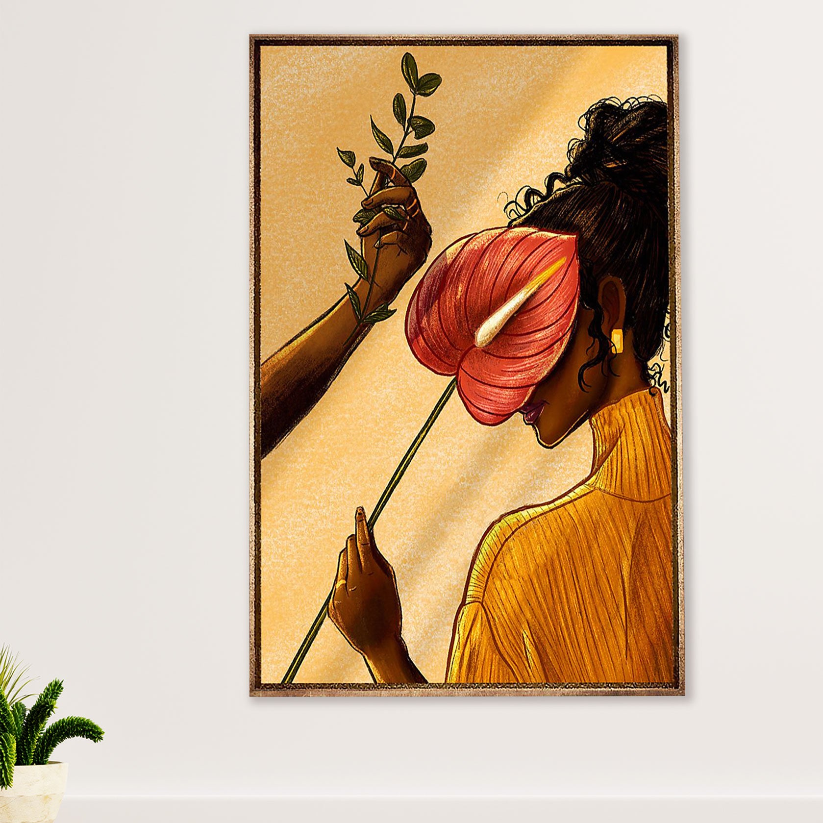 African American Afro Canvas Wall Art Prints | Girl & Flower | Gift for Black Girl