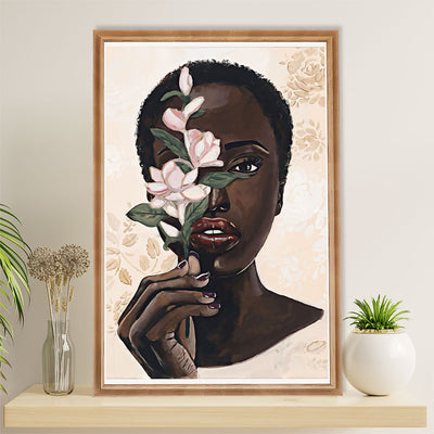 African American Afro Canvas Wall Art Prints | Woman Flower Potrait Painting | Gift for Black Girl