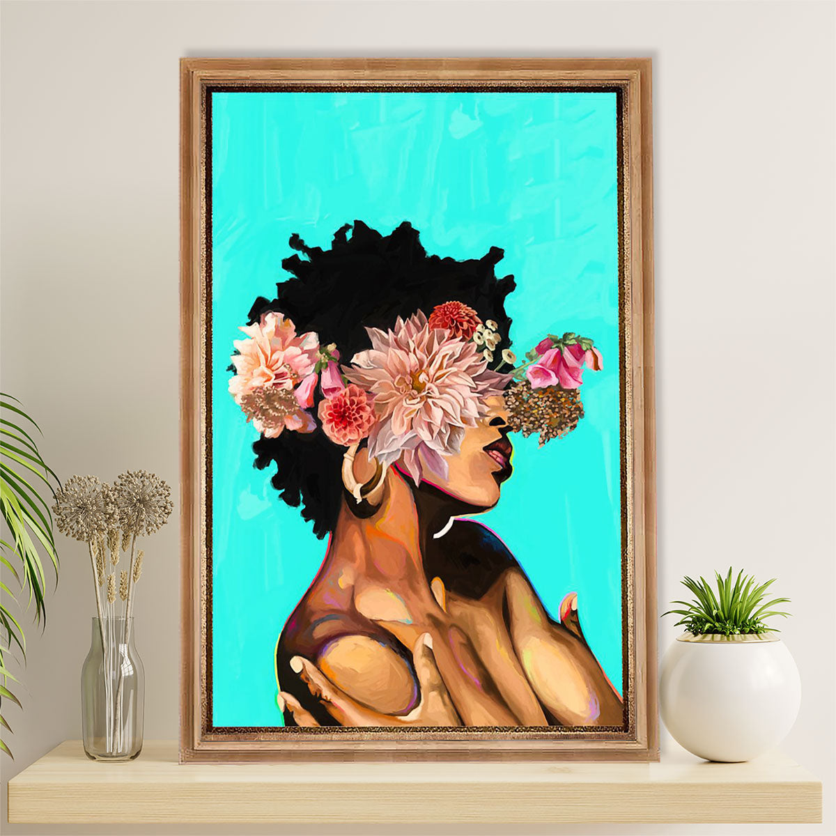 African American Afro Canvas Wall Art Prints | Woman Flower Painting | Gift for Black Girl