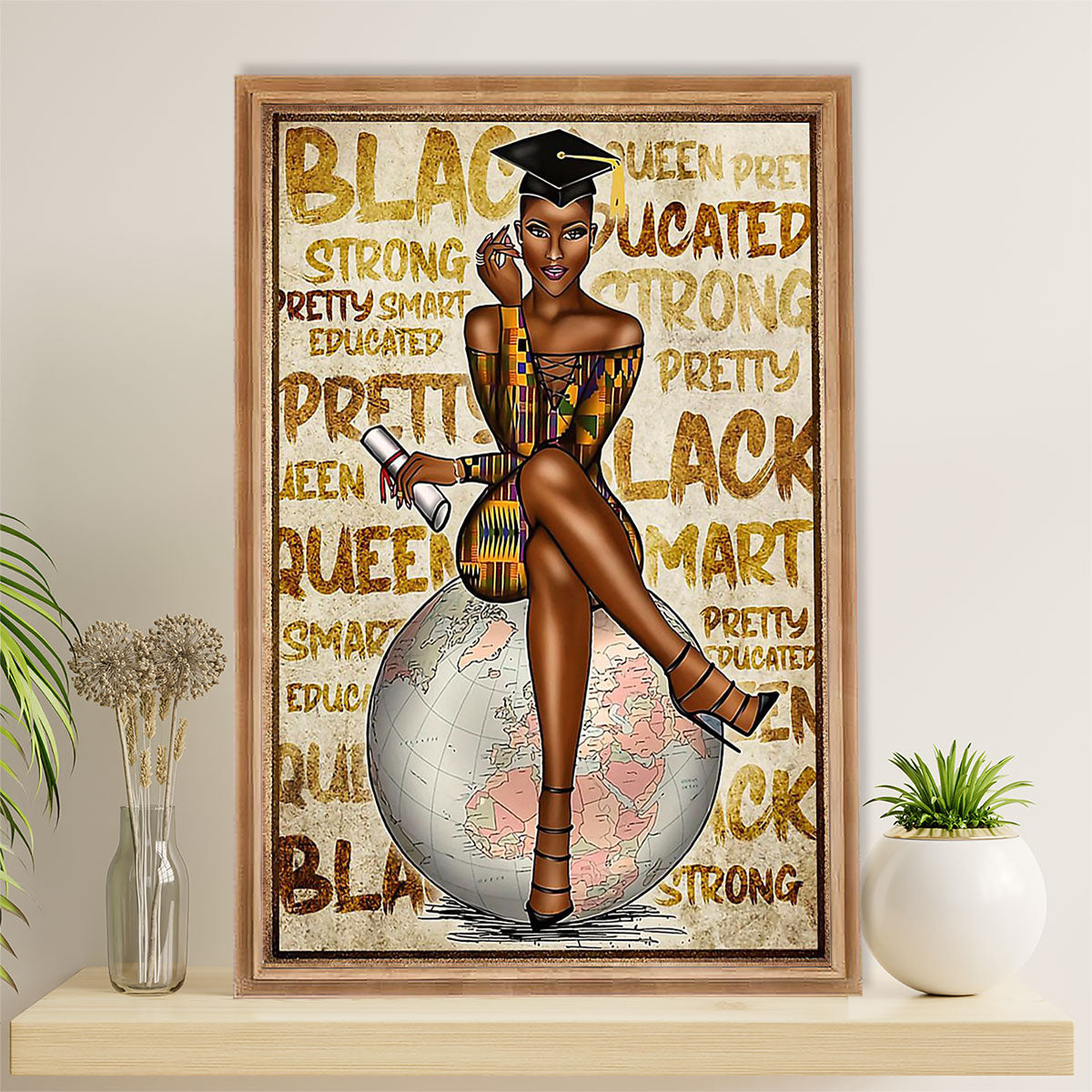 African American Afro Canvas Wall Art Prints | Black Queen Educated & Pretty | Gift for Black Girl