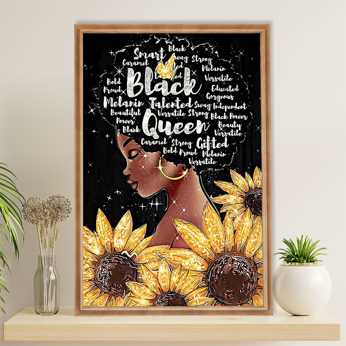 African American Afro Canvas Wall Art Prints | Black Queen Sunflower | Gift for Black Girl