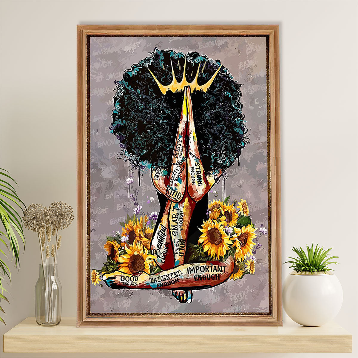 African American Afro Canvas Wall Art Prints | Black Queen Sunflower | Gift for Black Girl
