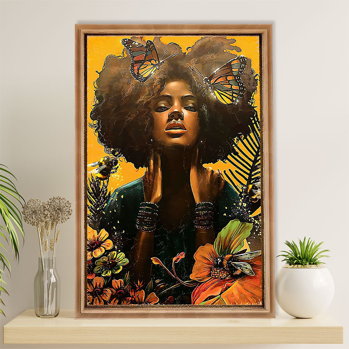 African American Afro Canvas Wall Art Prints | Girl Butterflies | Gift for Black Girl
