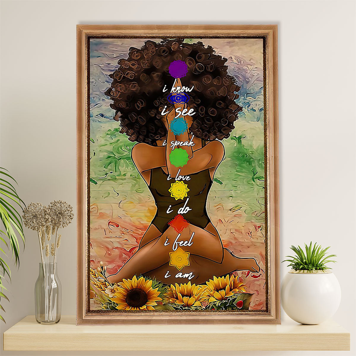 African American Afro Canvas Wall Art Prints | Yoga Girl Sunflower | Gift for Black Girl