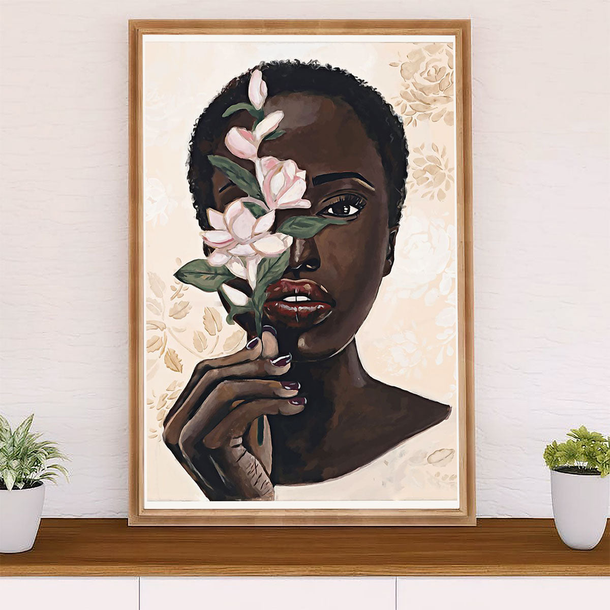 African American Afro Canvas Wall Art Prints | Woman Flower Potrait Painting | Gift for Black Girl
