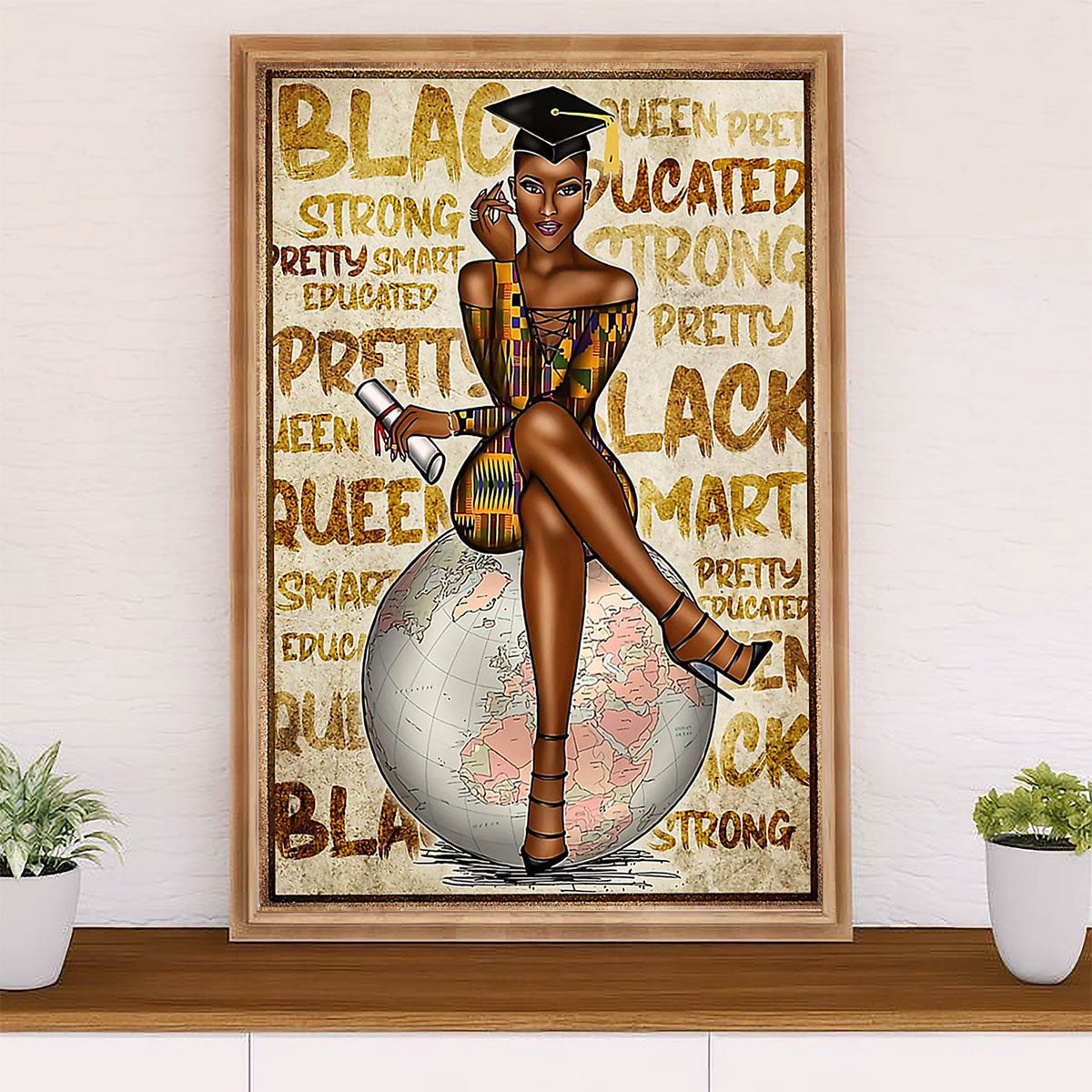 African American Afro Canvas Wall Art Prints | Black Queen Educated & Pretty | Gift for Black Girl