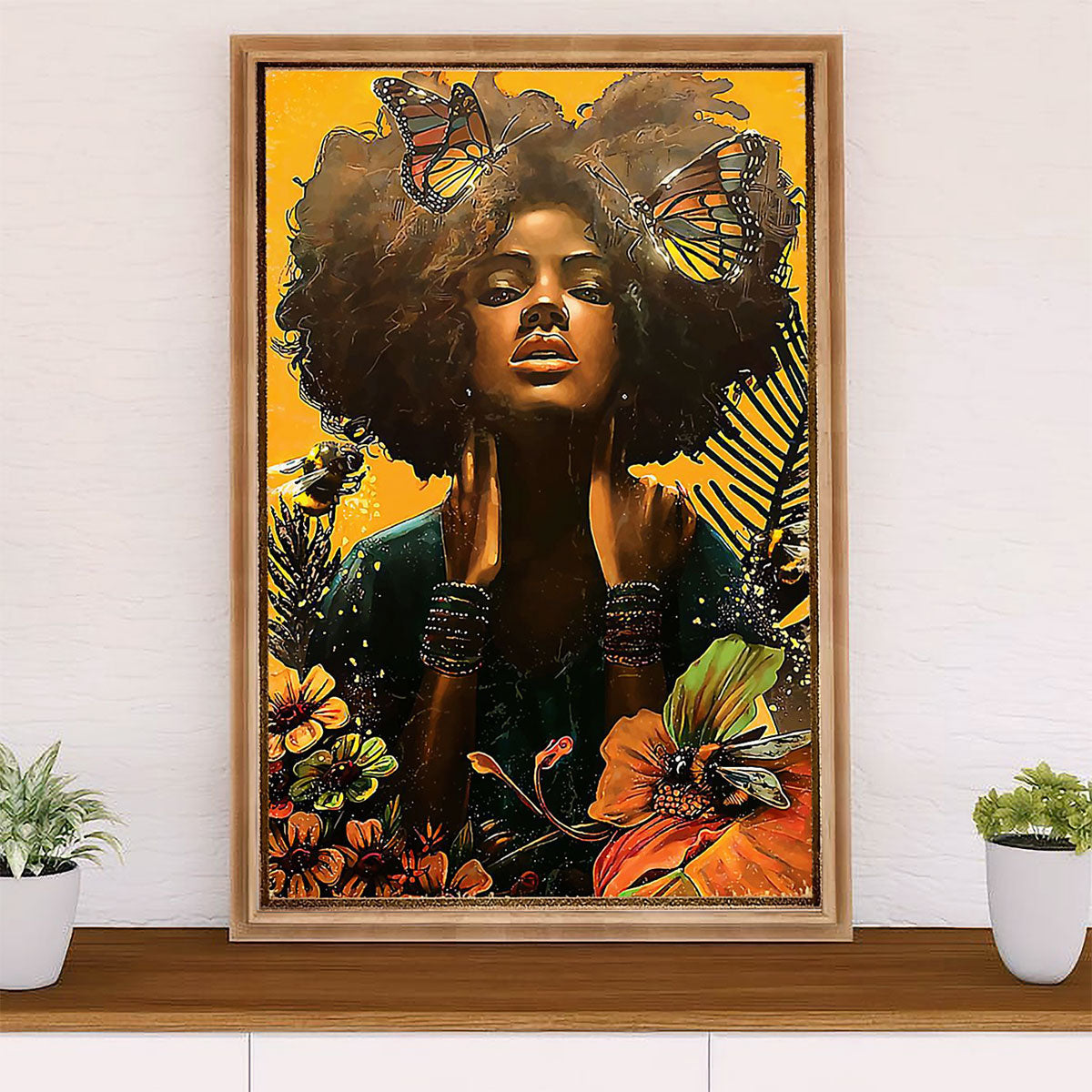African American Afro Canvas Wall Art Prints | Girl Butterflies | Gift for Black Girl