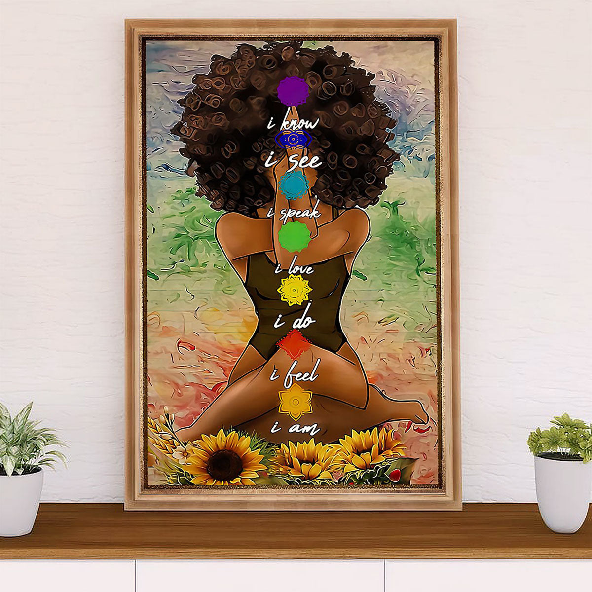 African American Afro Canvas Wall Art Prints | Yoga Girl Sunflower | Gift for Black Girl