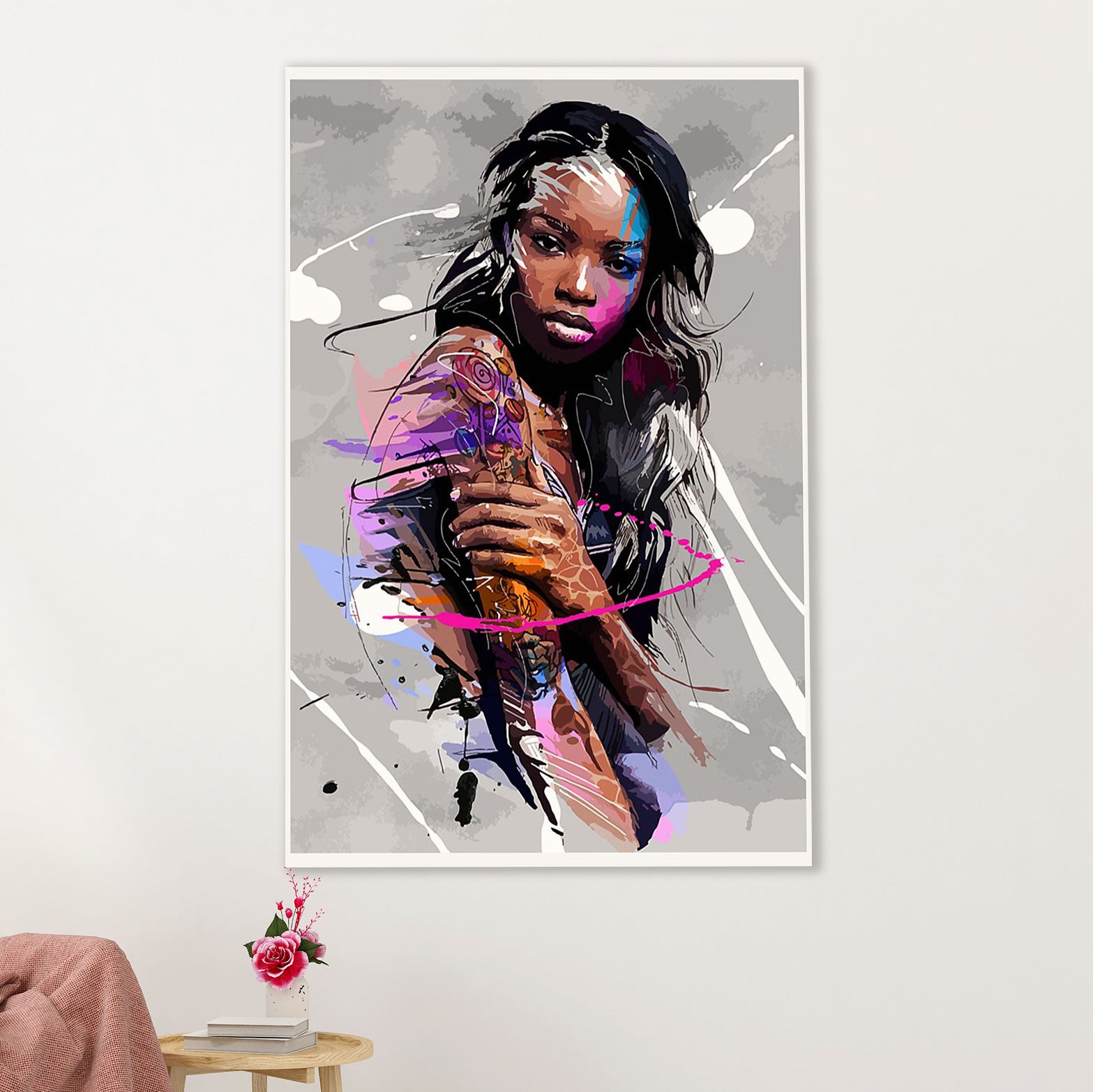 African American Afro Canvas Wall Art Prints | Girl Potrait Painting | Gift for Black Girl