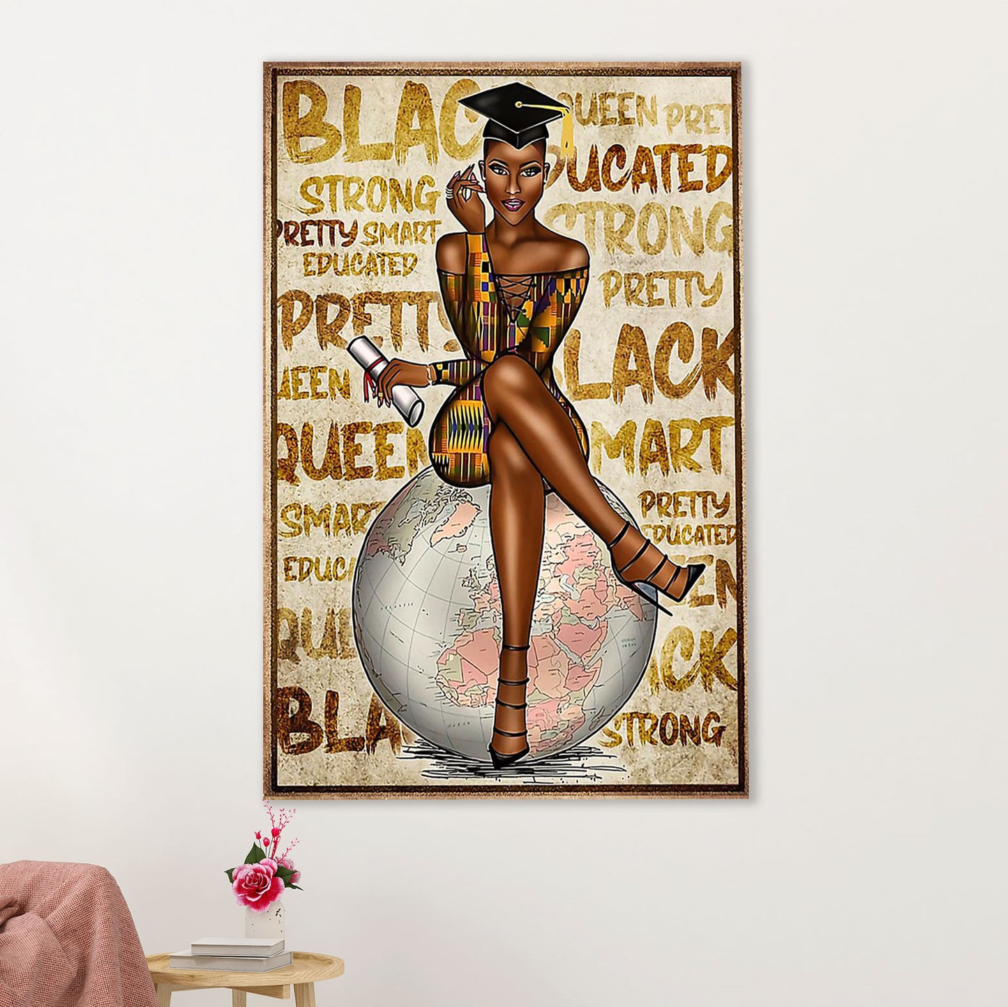 African American Afro Canvas Wall Art Prints | Black Queen Educated & Pretty | Gift for Black Girl