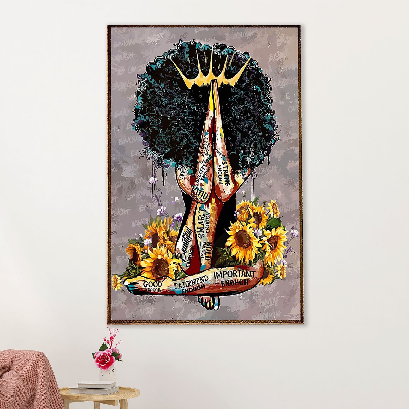 African American Afro Canvas Wall Art Prints | Black Queen Sunflower | Gift for Black Girl