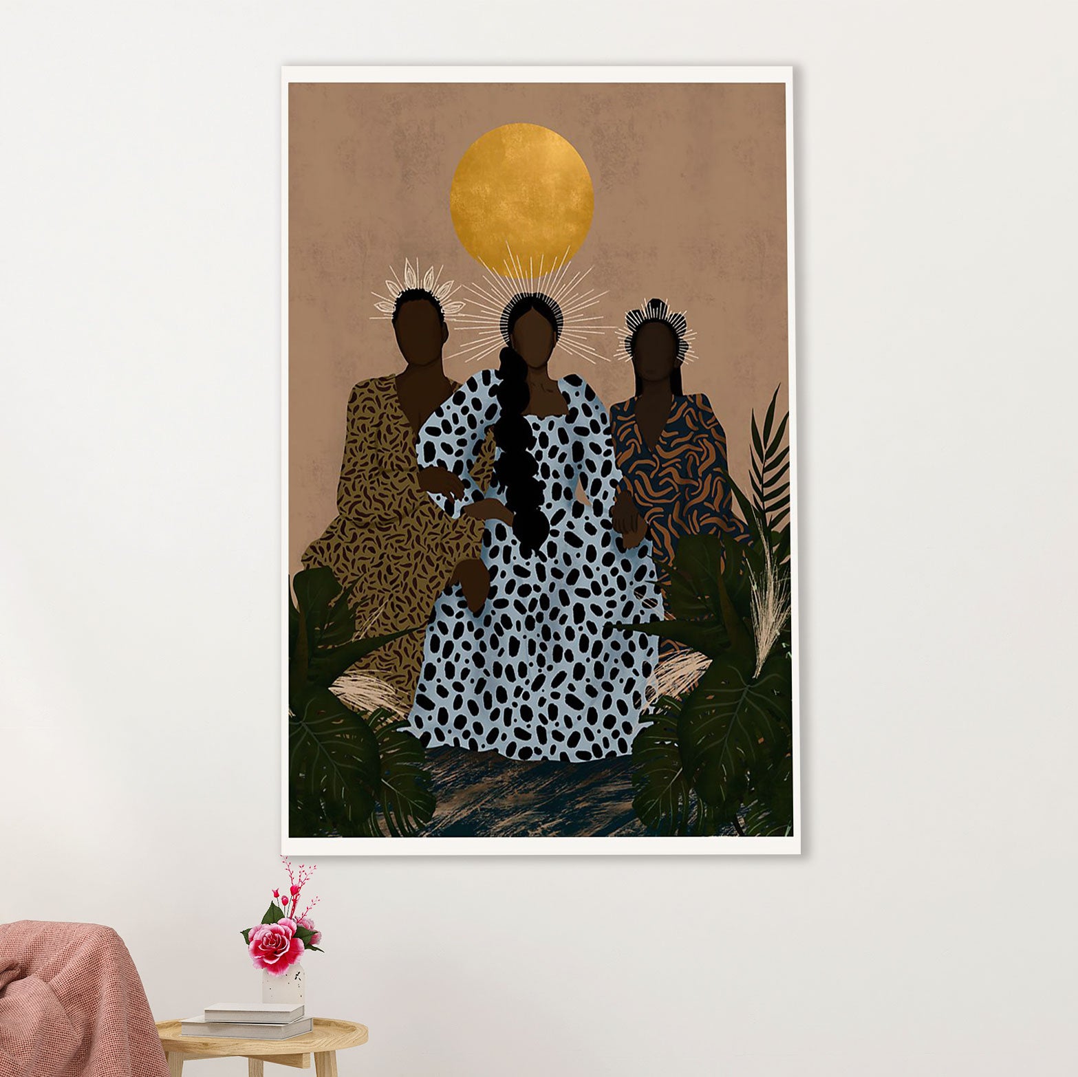 African American Afro Canvas Wall Art Prints | Black Queens Painting Moon | Gift for Black Girl