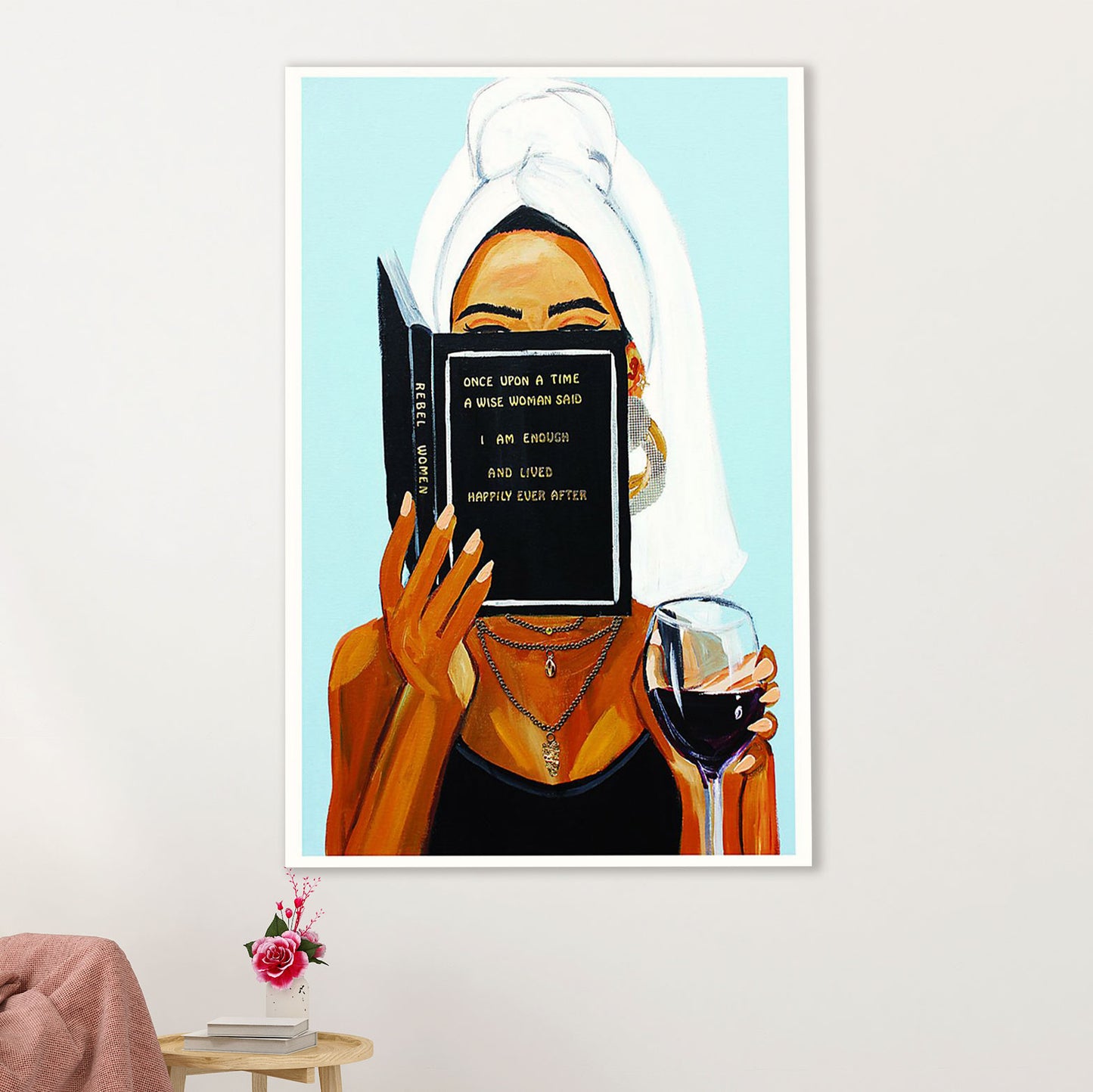 African American Afro Canvas Wall Art Prints | Woman Drinks Wine, Reads Book | Gift for Black Girl