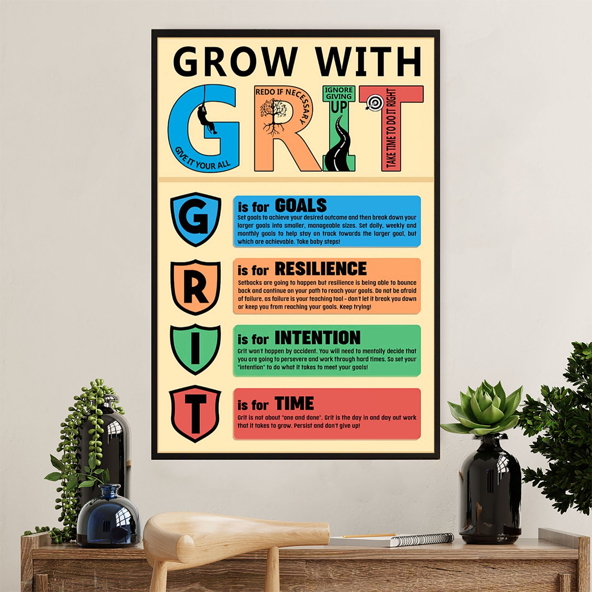 Teacher Classroom Canvas Wall Art | Grow With GRIT | Back To School Gift for Teacher