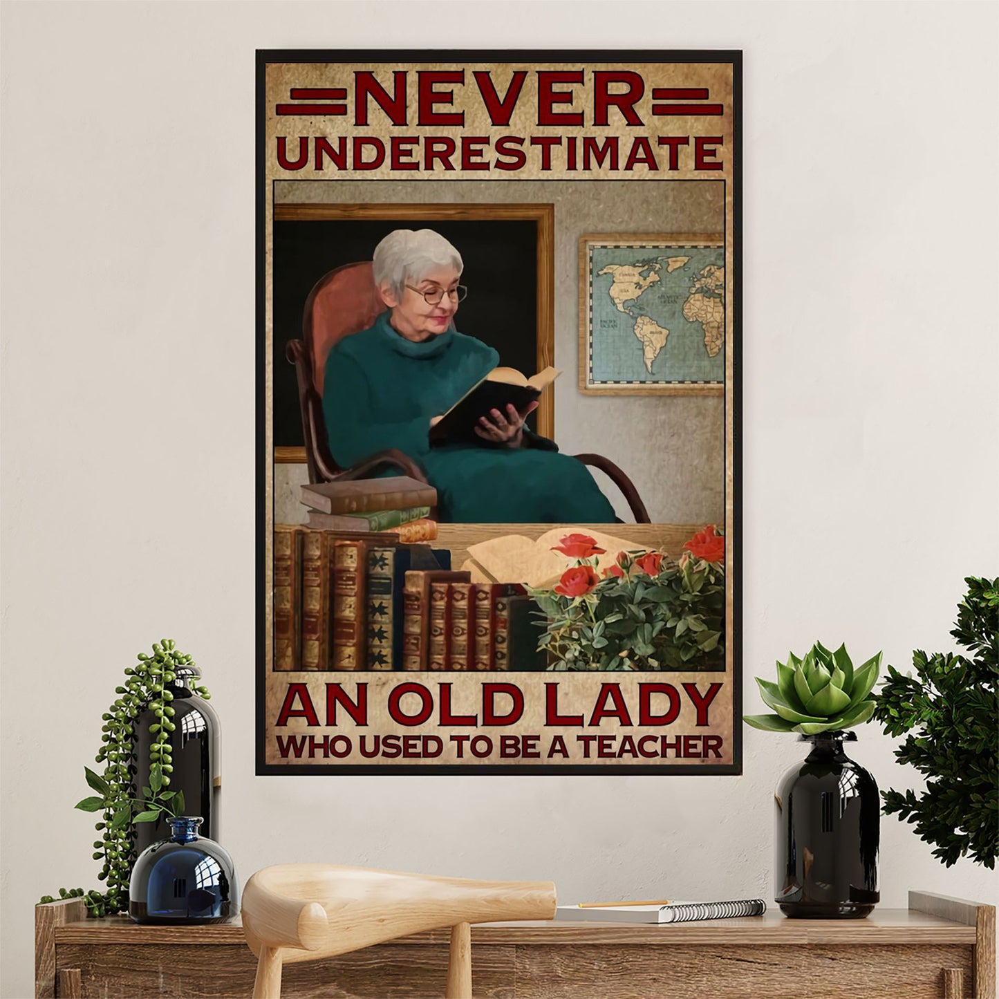 Teacher Classroom Canvas Wall Art | Retired Teacher Old Lady | Back To School Gift for Teacher