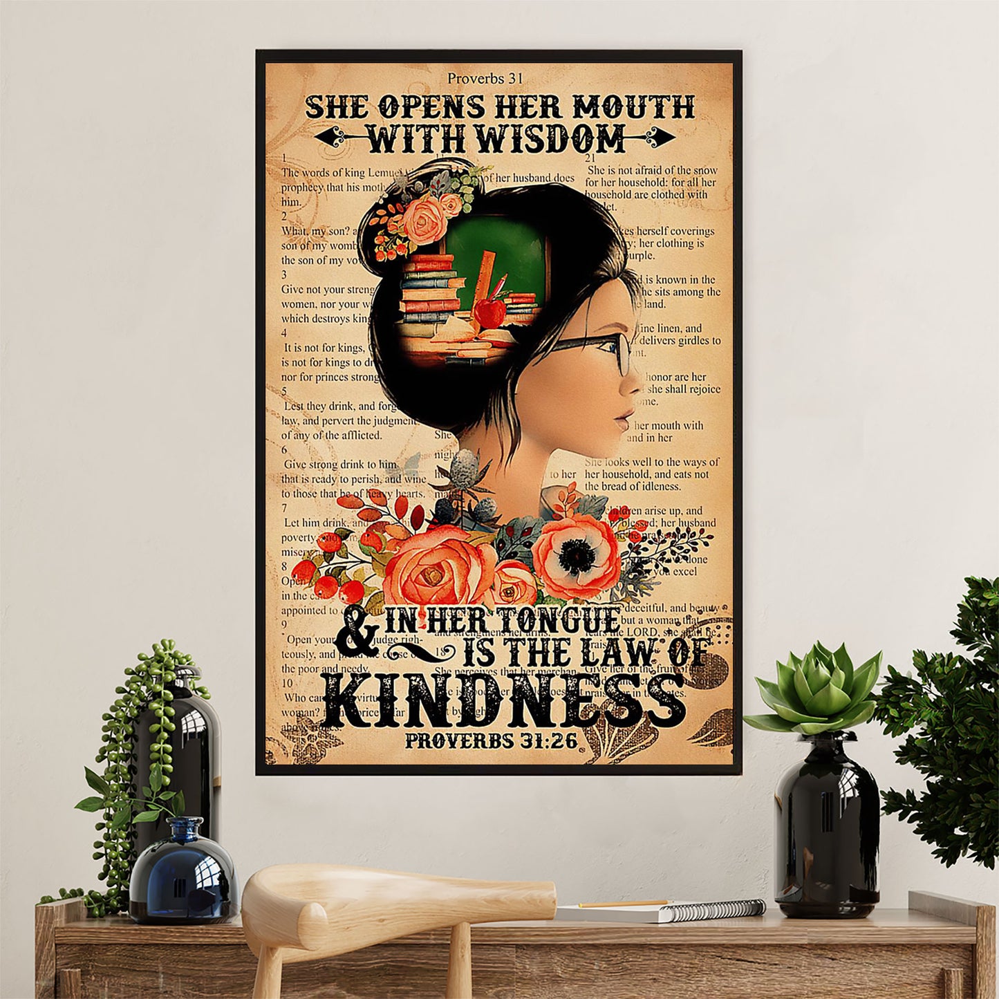 Teacher Classroom Canvas Wall Art | She Opens Her Mouth With Wisdom | Back To School Gift for Teacher